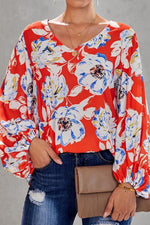 Load image into Gallery viewer, Loose Printed V-Neck Lantern Sleeve Top
