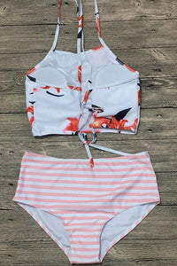 Boat Neck Lace Up Striped Bikini Set