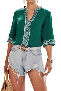 V-Neck Ethnic Style Embroidered Lace Blouse