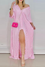 Load image into Gallery viewer, Loose Stripe Slit Shirt Maxi Dress
