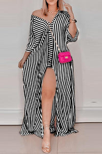 Loose Stripe Slit Shirt Maxi Dress