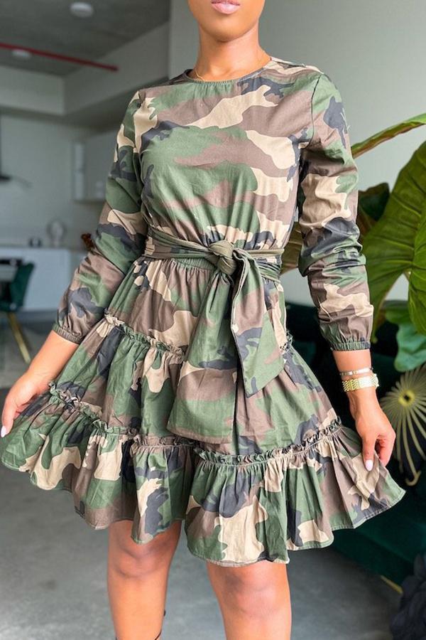Camouflage Print Long Sleeve Lace-up Midi Dress
