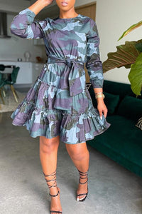 Camouflage Print Long Sleeve Lace-up Midi Dress