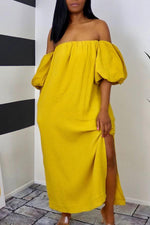 Load image into Gallery viewer, Off Shoulder Puff Sleeve Slit Maxi Dress
