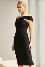 Load image into Gallery viewer, Black Knee Length Off-the-Shoulder Cocktail Bandage Dress
