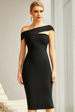 Load image into Gallery viewer, Black Knee Length Off-the-Shoulder Cocktail Bandage Dress
