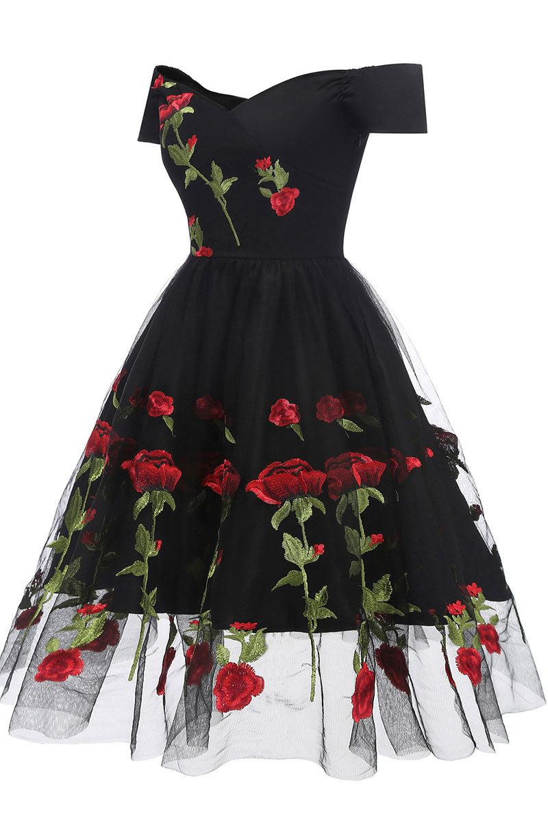 Black Off-the-shoulder Rose Embroidered A-line Prom Dress