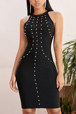 Load image into Gallery viewer, Black Halter Beaded Bandage Dress
