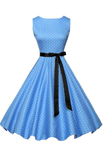 Blue Polka Knot Sleeveless Belted Dress