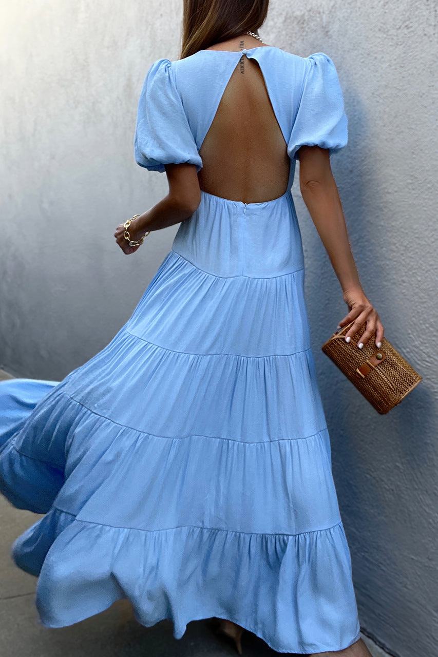 Blue Cut Out Backless A-Line Maxi Dress