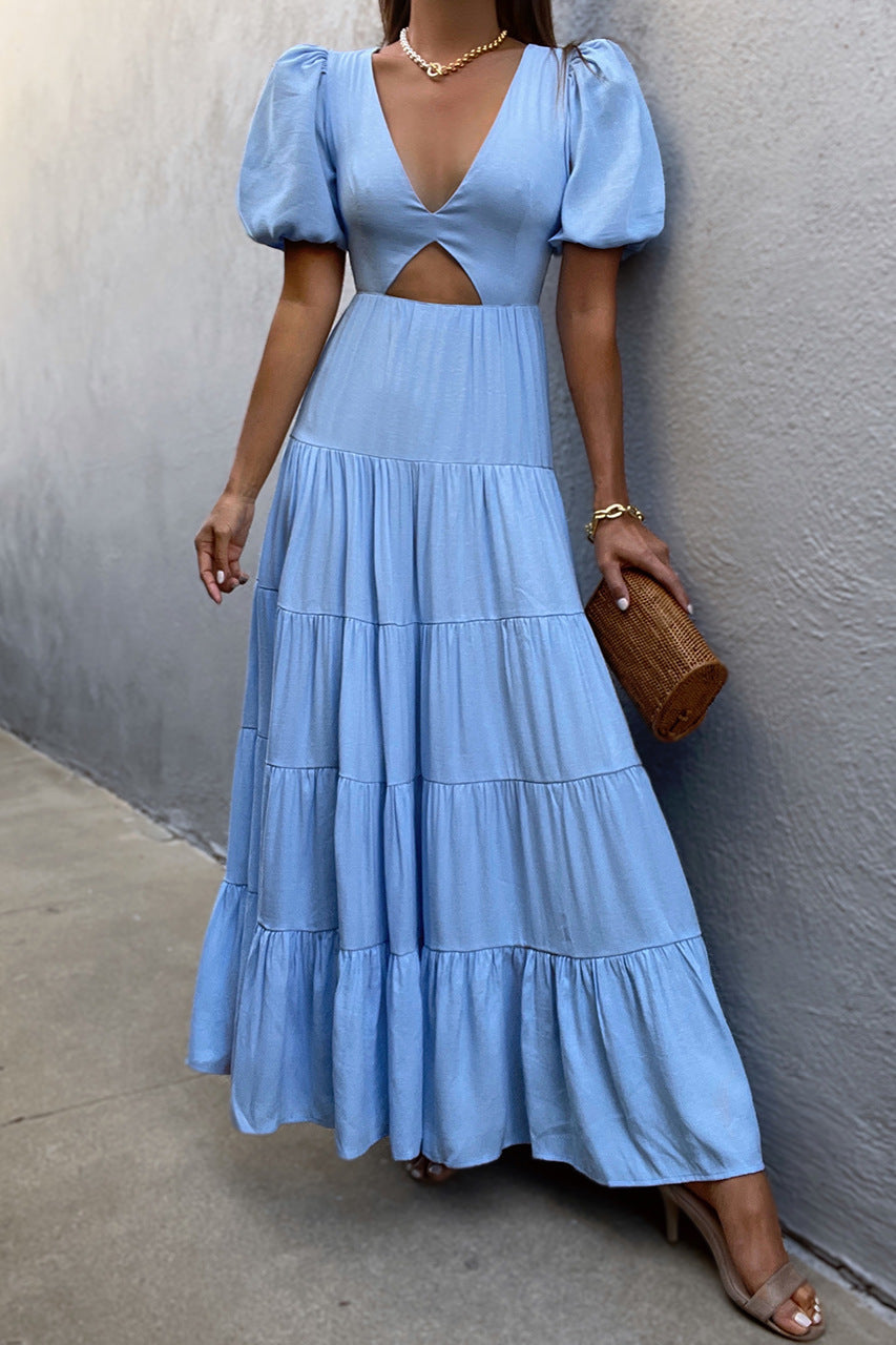 Blue Cut Out Backless A-Line Maxi Dress