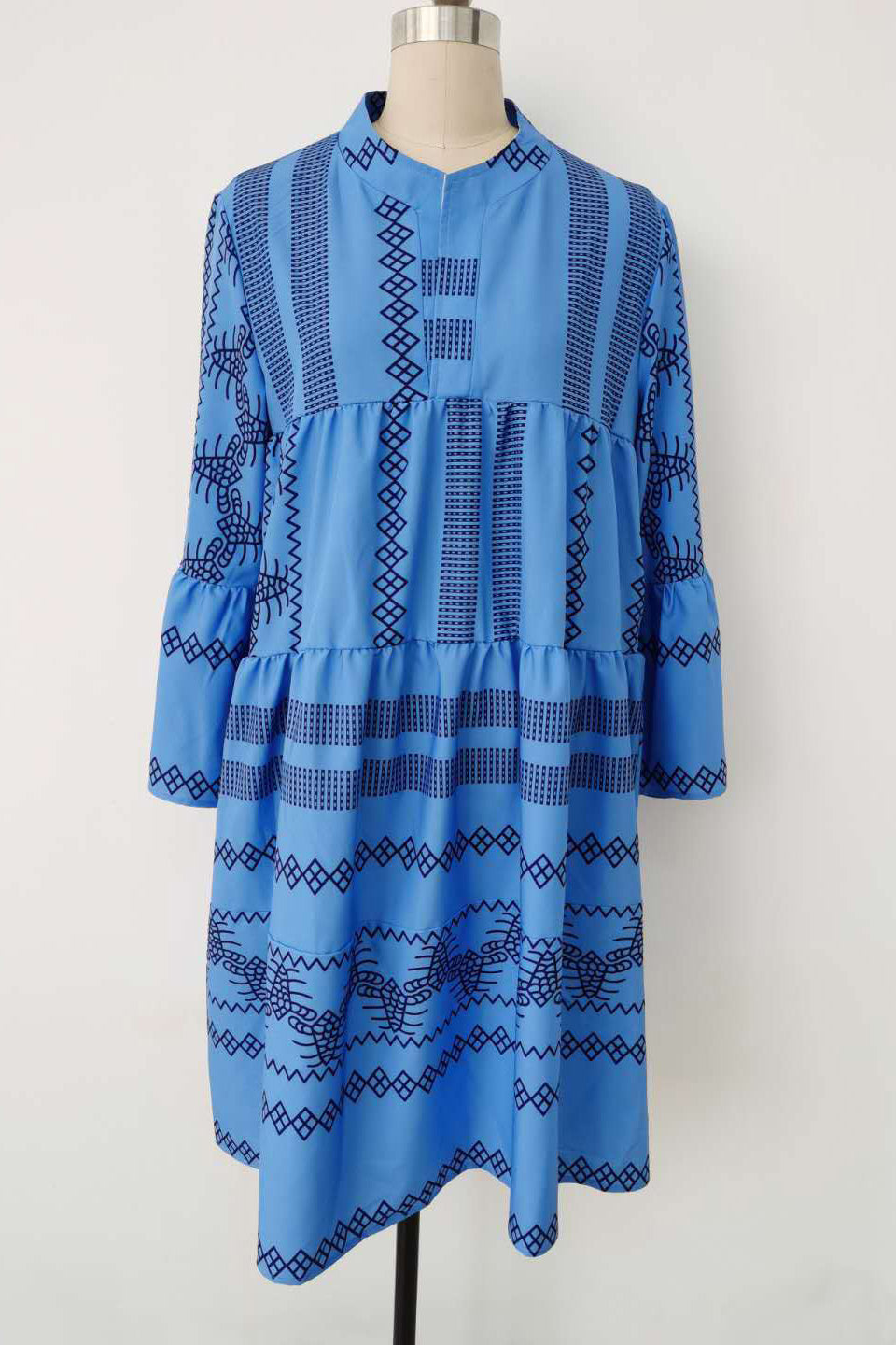 Blue Print Boho Long Sleeve Short Dress