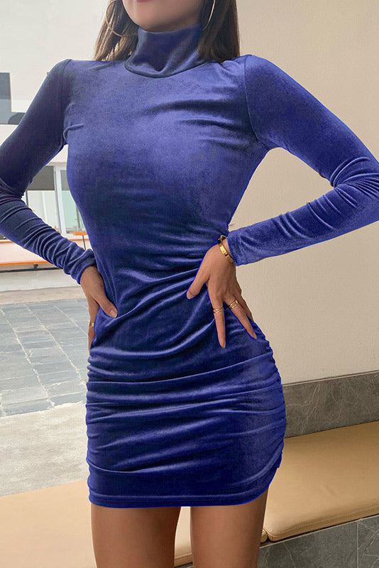 Blue Velvet High Neck Long Sleeve Mini Dress