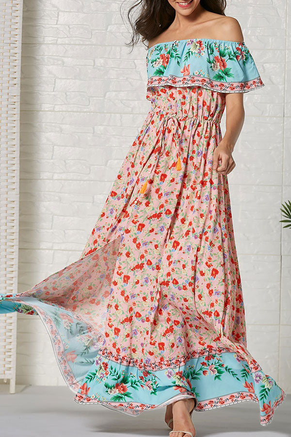 Boho Off-the-shoulder Print Ruffled Dress