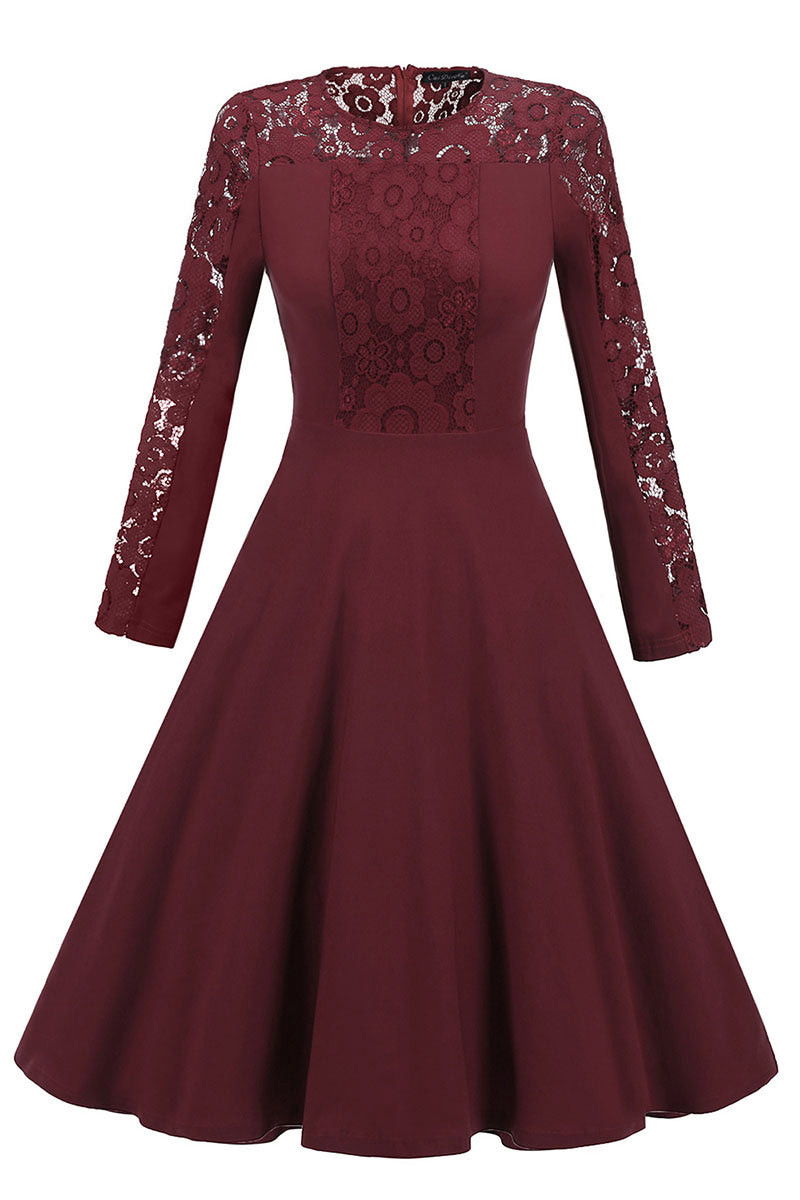 Burgundy Lace Fit And Flare Prom Dress With Sleeves