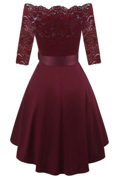 Burgundy Lace Off Shoulder High Low Prom Dress
