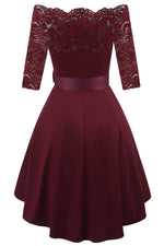 Load image into Gallery viewer, Burgundy Lace Off Shoulder High Low Prom Dress
