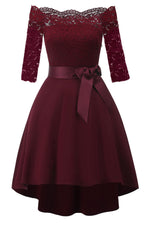 Load image into Gallery viewer, Burgundy Lace Off Shoulder High Low Prom Dress
