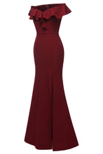 Load image into Gallery viewer, Burgundy Mermaid Off-the-shoulder Slit Prom Dress
