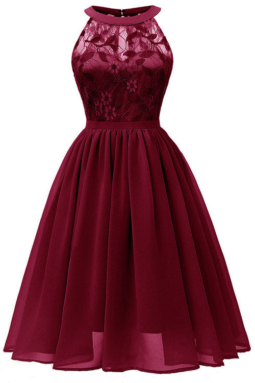 Burgundy Sleeveless A-line Lace Prom Dress