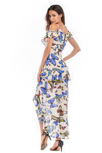 Butterfly Print V-neck Off-the-shoulder Asymmetrical Trim Long Dress