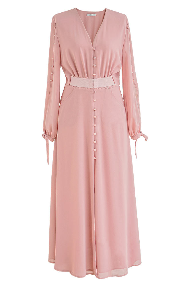 Celebrity Inspired Pink Long Sleeve Evening Gown