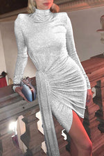 Load image into Gallery viewer, Chic Silver Long Sleeve High Neck Party Dress
