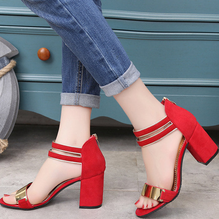 Chunky Heel Ankle Strap Open-toe Sandals With Zipper