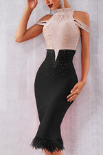 Load image into Gallery viewer, Color-block Off Shoulder Feather Trim Bead Bodycon Dress
