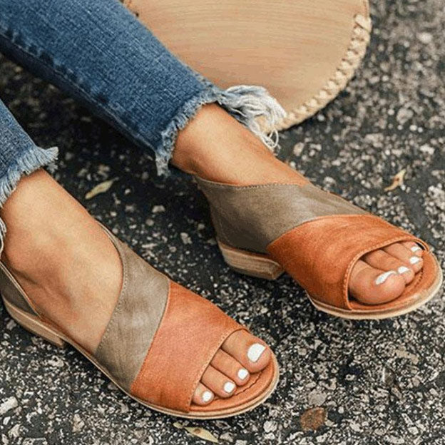 Color-block Round Open-toe Flat Heel Sandals