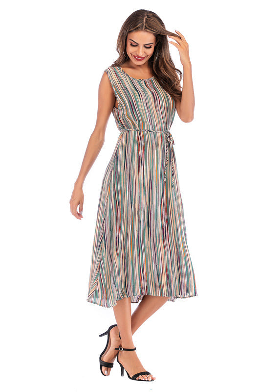 Colorful Striped Lace-up Sleeveless Long Dress