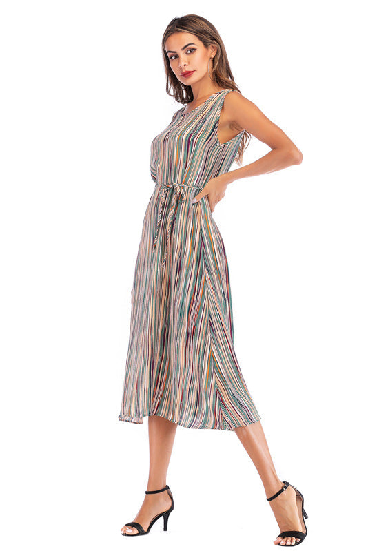 Colorful Striped Lace-up Sleeveless Long Dress