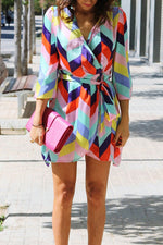 Load image into Gallery viewer, Colorful Geometric Print Lace-up Vacation Dress
