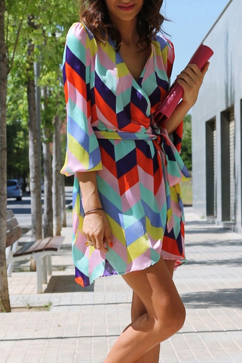 Colorful Geometric Print Lace-up Vacation Dress