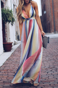 Colorful Halter V-neck Pleated Long Dress