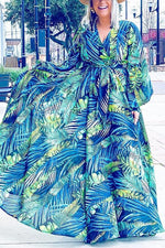 Load image into Gallery viewer, Leaf Print Belted Wrap Long Sleeve Maxi Dress
