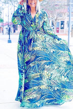 Load image into Gallery viewer, Leaf Print Belted Wrap Long Sleeve Maxi Dress
