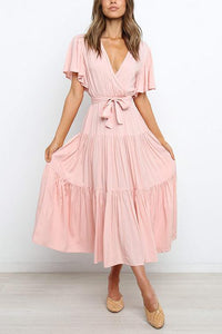 Solid Ruffles Belted Maxi Dress