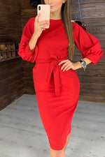 Load image into Gallery viewer, Puff Sleeve O Neck Belted Dress
