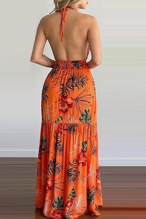 Floral Print Backless Slip Maxi Dress