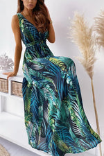 Load image into Gallery viewer, Leaf Print V Neck Sleeveless Maxi Dress
