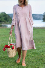 Load image into Gallery viewer, Linen V Neck Seven Sleeves Midi Dress
