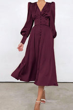 Load image into Gallery viewer, Satin Button Puff Long Sleeve Dress
