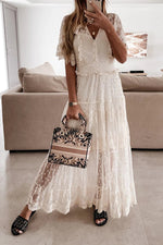 Load image into Gallery viewer, Button Lace V Neck Short Sleeve Maxi Dress
