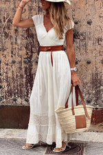 Load image into Gallery viewer, Lace V Neck Short Sleeve Maxi Dress
