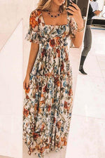 Load image into Gallery viewer, Floral Square Neck Short Sleeve Maxi Dress

