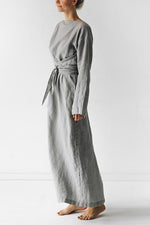 Load image into Gallery viewer, Linen Tie Belt Long Sleeve Maxi Dress

