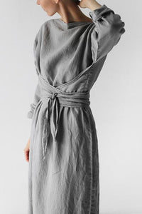 Linen Tie Belt Long Sleeve Maxi Dress