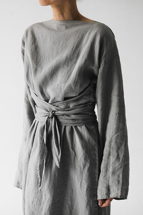 Linen Tie Belt Long Sleeve Maxi Dress