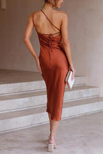 Load image into Gallery viewer, Ruched One Shoulder Slip Midi Dress
